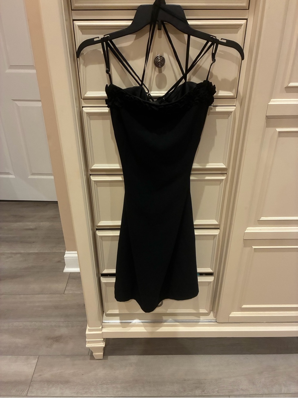 Nine West Black Strappy Mini Dress with Floral Trim